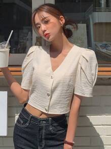 DAZY Solid Button Front Puff Sleeve Crop Blouse - Beige - View 1