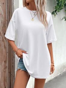 SHEIN LUNE 素色落肩T恤 - 白色 - 查看 3