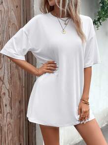 SHEIN LUNE 素色落肩T恤 - 白色 - 查看 4