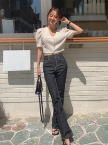 DAZY Solid Button Front Puff Sleeve Crop Blouse - Beige - View 4
