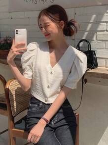 DAZY Solid Button Front Puff Sleeve Crop Blouse - Beige - View 6