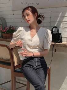 DAZY Solid Button Front Puff Sleeve Crop Blouse - Beige - View 7