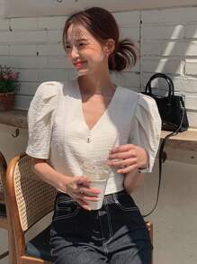 DAZY Solid Button Front Puff Sleeve Crop Blouse - Beige - View 12
