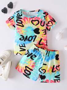 小女童漩渦紮染字母圖案T恤和短褲 - 彩色 - 查看 1