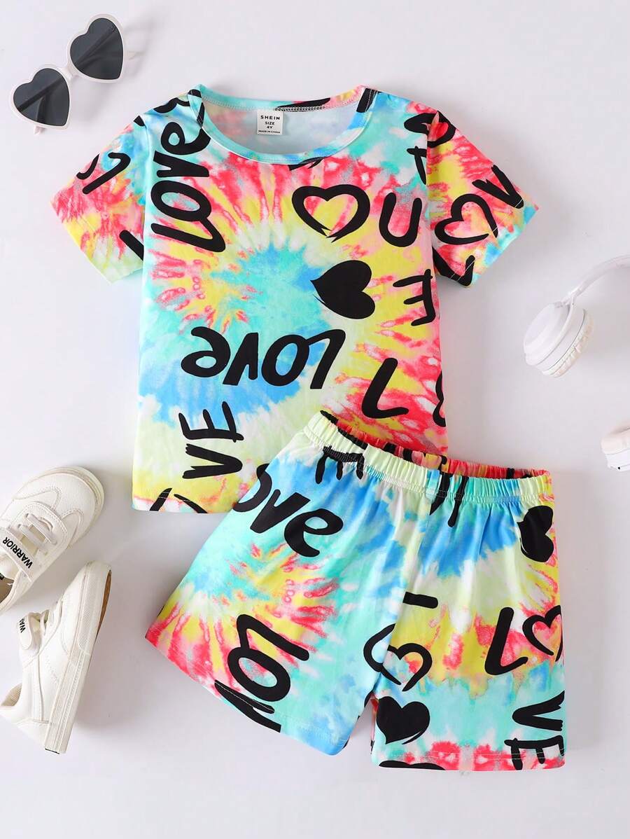 小女童漩渦紮染字母圖案T恤和短褲 - 彩色 - 查看 1