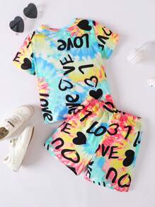 小女童漩渦紮染字母圖案T恤和短褲 - 彩色 - 查看 2
