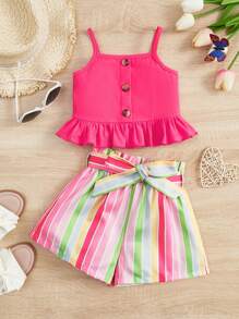 SHEIN Toddler Girls Ruffle Hem Cami Top & Block Striped Belted Shorts - Multicolor - View 1