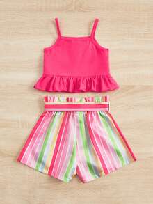 SHEIN Toddler Girls Ruffle Hem Cami Top & Block Striped Belted Shorts - Multicolor - View 2