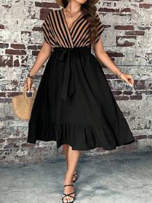 SHEIN Clasi Đầm Plus Size Thắt lưng Viên lá sen Sọc Giải trí - Nhiều màu - Xem 1