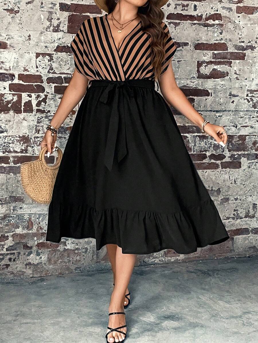 SHEIN Clasi Đầm Plus Size Thắt lưng Viên lá sen Sọc Giải trí - Nhiều màu - Xem 1