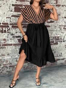 SHEIN Clasi Đầm Plus Size Thắt lưng Viên lá sen Sọc Giải trí - Nhiều màu - Xem 3