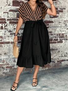 SHEIN Clasi Đầm Plus Size Thắt lưng Viên lá sen Sọc Giải trí - Nhiều màu - Xem 5