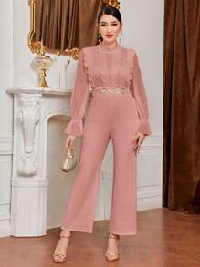 Modelyn Lace Trim Flounce Sleeve Ruffle Trim Jumpsuit - Pink - View 1
