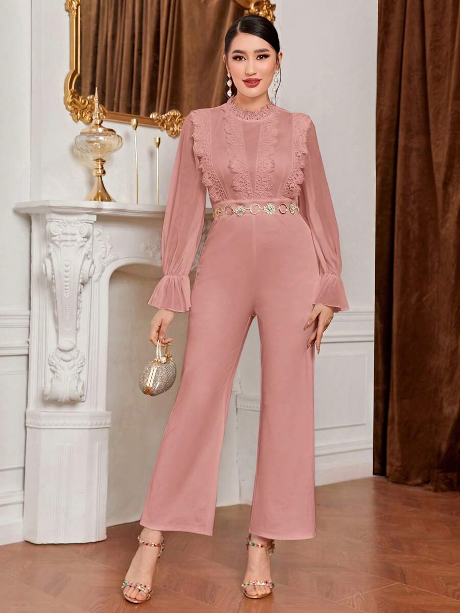 Modelyn Lace Trim Flounce Sleeve Ruffle Trim Jumpsuit - Pink - View 1