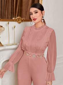 Modelyn Lace Trim Flounce Sleeve Ruffle Trim Jumpsuit - Pink - View 3