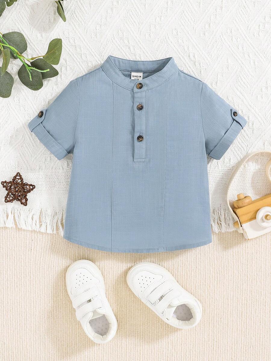 SHEIN Baby Boy Roll Up Sleeve Half Button Placket Shirt - Dusty Blue - View 1