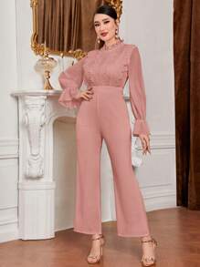 Modelyn Lace Trim Flounce Sleeve Ruffle Trim Jumpsuit - Pink - View 5