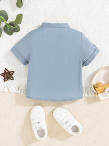 SHEIN Baby Boy Roll Up Sleeve Half Button Placket Shirt - Dusty Blue - View 2
