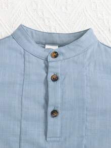 SHEIN Baby Boy Roll Up Sleeve Half Button Placket Shirt - Dusty Blue - View 3