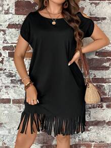 SHEIN LUNE Plus Fringe Hem Tee Dress - Black - View 3