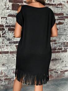 SHEIN LUNE Plus Fringe Hem Tee Dress - Black - View 4