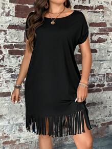 SHEIN LUNE Plus Fringe Hem Tee Dress - Black - View 2