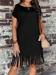 SHEIN LUNE Plus Fringe Hem Tee Dress - Black - View 6