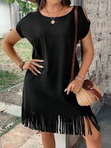 SHEIN LUNE Plus Fringe Hem Tee Dress - Black - View 7