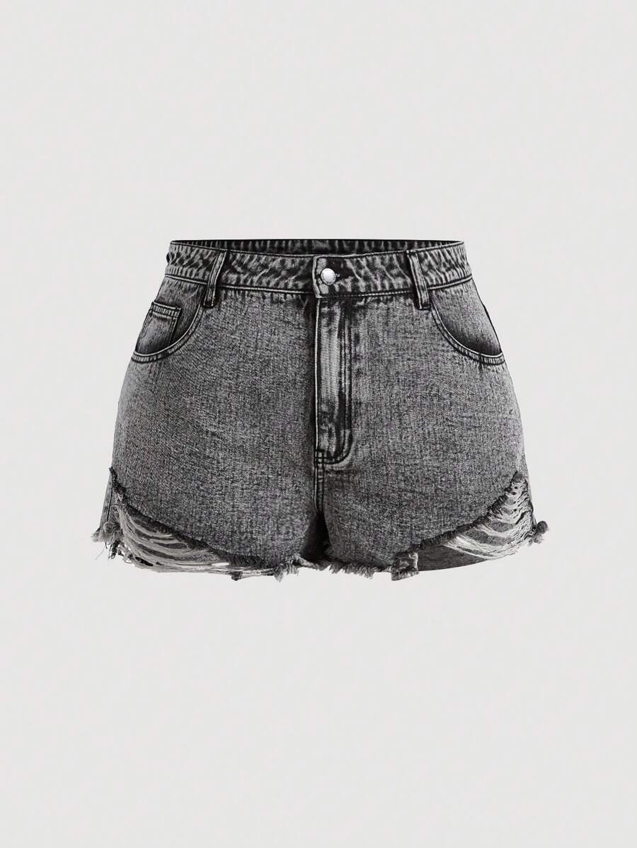 SHEIN EZwear Plus Ripped Raw Hem Denim Shorts - Grey - View 1