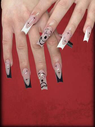 Grunge Punk 24 قطعة طويل نعش ألوان متباينة نمط رسوم كارتون أظافر اصطناعية و ورقة واحدة شريط