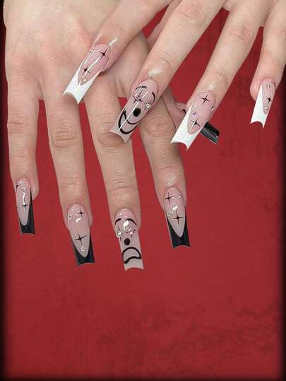 Grunge Punk 24pcs Long Coffin Colorblock Cartoon Pattern Fake Nail & 1sheet Tape