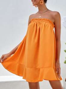 Soleia 素色荷葉邊抹胸連衣裙 - 橘色 - 查看 1