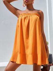 Soleia 素色荷葉邊抹胸連衣裙 - 橘色 - 查看 4