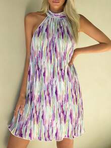 SHEIN VCAY 滿版印花繞頸連衣裙 - 彩色 - 查看 3