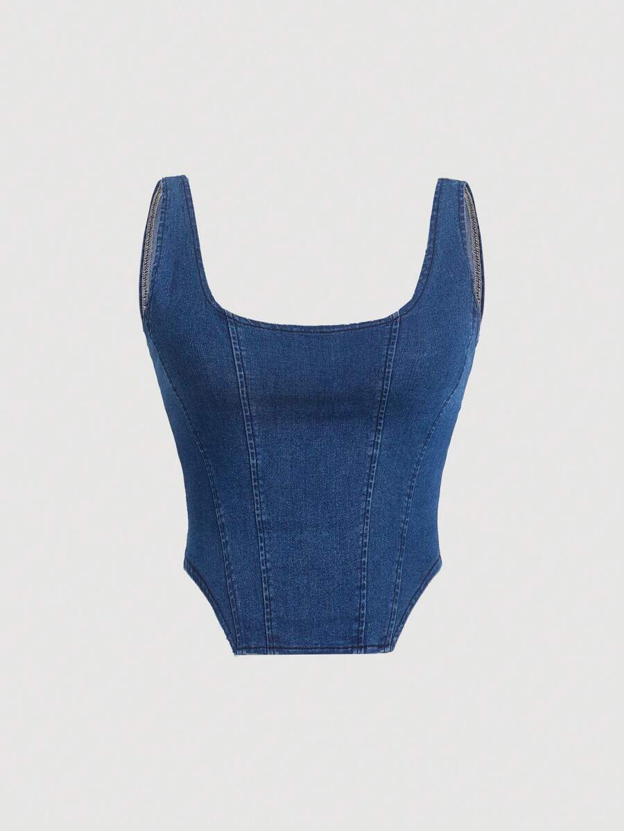 SHEIN 大碼不對稱下擺牛仔背心上衣 - 深色水洗藍 - 查看 1