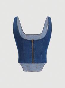 SHEIN 大碼不對稱下擺牛仔背心上衣 - 深色水洗藍 - 查看 2