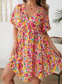 SHEIN VCAY 大碼滿版印花蝙蝠袖荷葉邊洋裝 - 彩色 - 查看 1