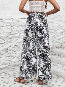 SHEIN VCAY Tropical Print Split Thigh Wide Leg Trousers - Black and White - View 3