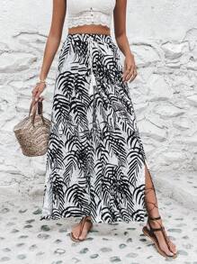 SHEIN VCAY Tropical Print Split Thigh Wide Leg Trousers - Black and White - View 4