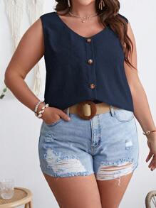 SHEIN VCAY Plus Swiss Dot Button Front Summer Tank Top