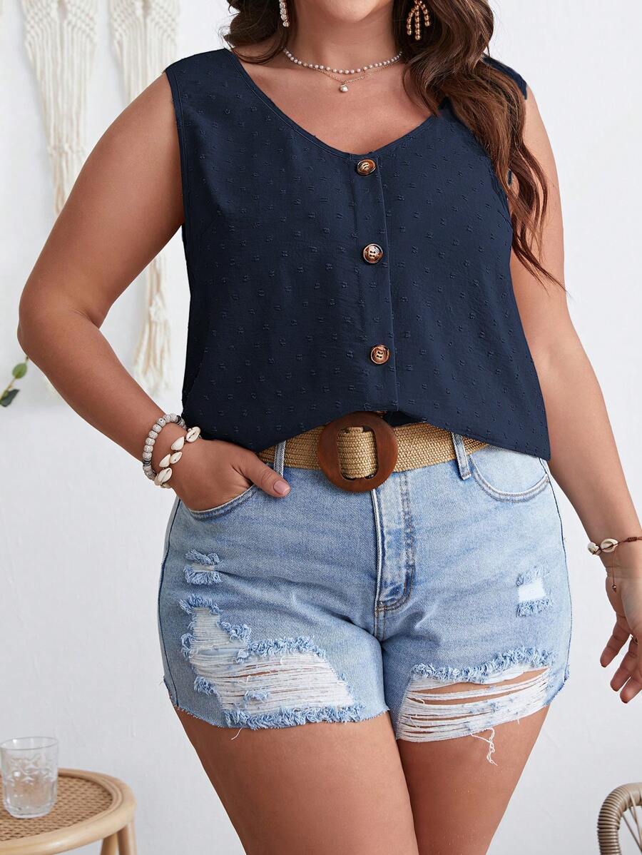 SHEIN VCAY Plus Swiss Dot Button Front Summer Tank Top