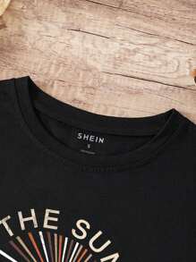 SHEIN LUNE Áo thun nữ Thực vật Slogan Giải trí - màu đen - Xem 3