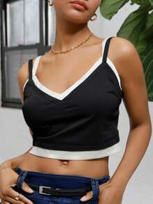 DAZY 2 In 1 Crop Cami Top - Black - View 1