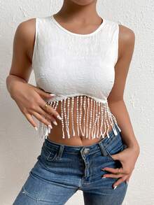SHEIN Privé Fringe Trim Crop Tank Top - White - View 3