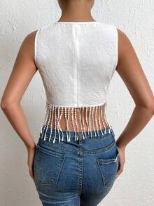 SHEIN Privé Fringe Trim Crop Tank Top - White - View 2