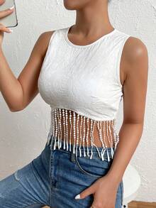 SHEIN Privé Fringe Trim Crop Tank Top - White - View 4