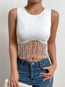 SHEIN Privé Fringe Trim Crop Tank Top - White - View 5