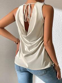 SHEIN Privé Draped Tie Backless Satin Blouse - Apricot - View 2