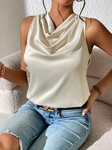 SHEIN Privé Draped Tie Backless Satin Blouse - Apricot - View 3