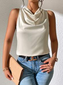 SHEIN Privé Draped Tie Backless Satin Blouse - Apricot - View 6